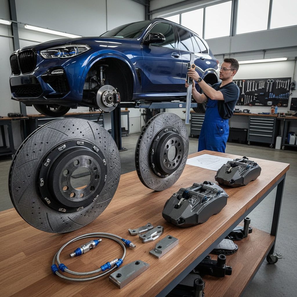 A Porsche Big Brake Kit featuring 10-piston Akebono calipers and 440mm carbon-ceramic rotors prepared for adaptation to a BMW