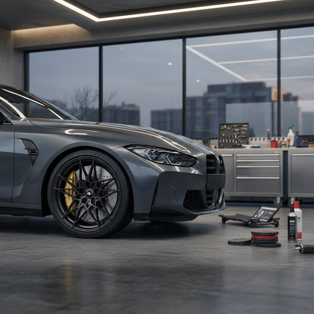 Close-up of carbon ceramic brake rotor and caliper on a 2022 BMW M4 Competition xDrive showing pad contact surface