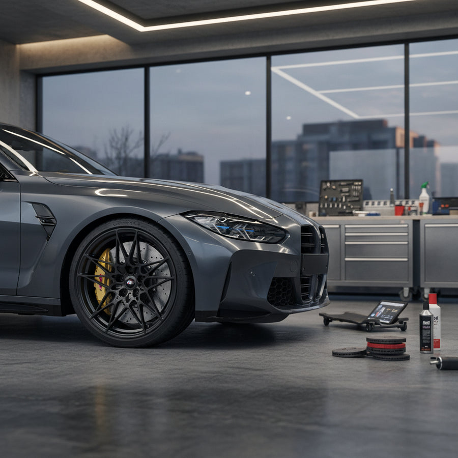 Close-up of carbon ceramic brake rotor and caliper on a 2022 BMW M4 Competition xDrive showing pad contact surface