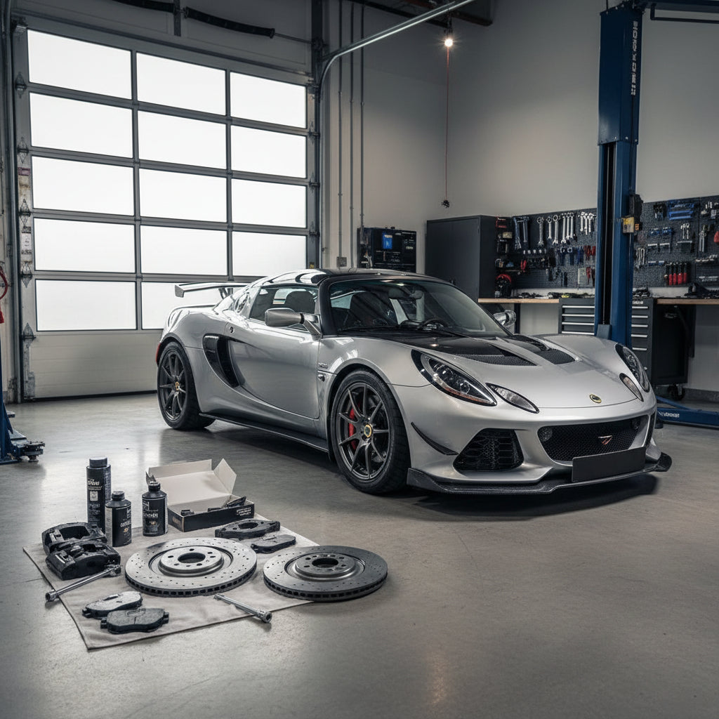 A close-up view of high-performance aftermarket brake calipers and slotted rotors compatible with a Lotus Exige