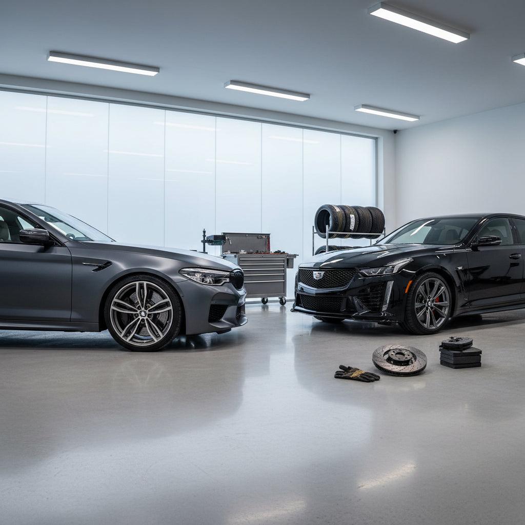 A high-performance carbon ceramic brake rotor and multi-piston caliper installed on a heavy luxury sport sedan