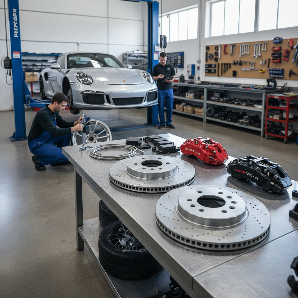 A high-performance Porsche Big Brake Kit featuring large carbon ceramic rotors and multi-piston calipers for maximum stopping