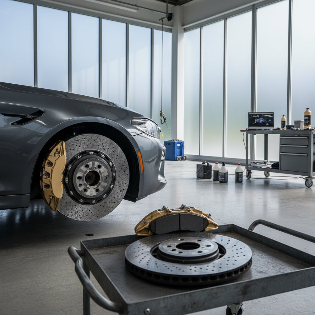 A close-up view of a BMW M5 F90 gold brake caliper and carbon ceramic rotor showing the unique surface texture