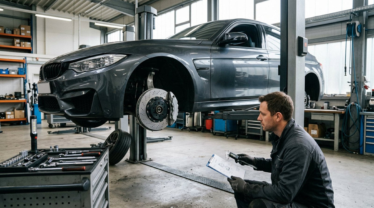 BMW M sport brake disc and multi-piston caliper mounted behind wheel spokes on a workshop lift
