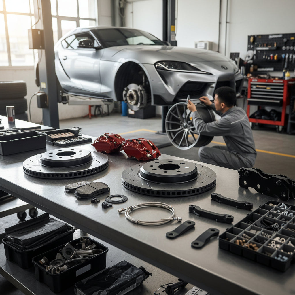 A high-performance Toyota Big Brake Kit featuring multi-piston calipers and carbon ceramic rotors for track and street use