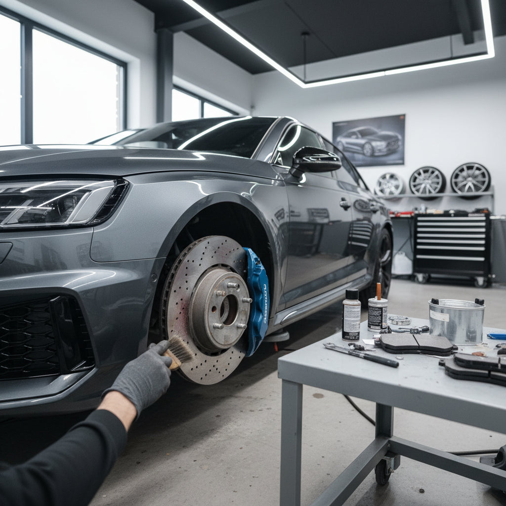 A close-up view of the high-performance braking system on an Audi RS4 B9 featuring multi-piston calipers and ventilated rotor