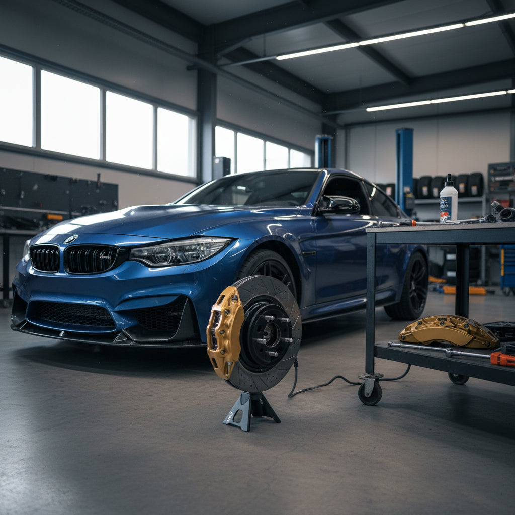 A close-up of the gold 6-piston carbon ceramic brake calipers on a BMW F80 M3 performance sedan