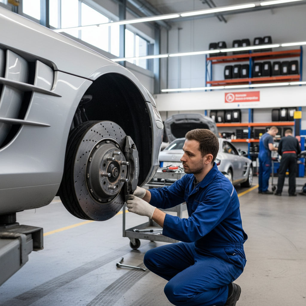 A close-up view of a Mercedes-Benz SLR McLaren front wheel showcasing the massive carbon ceramic brake rotor and branded cali