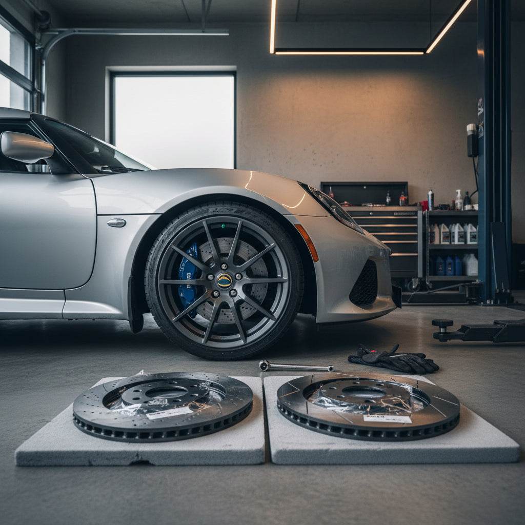 A close-up of a high-performance two-piece slotted brake rotor installed on a Lotus Exige sports car