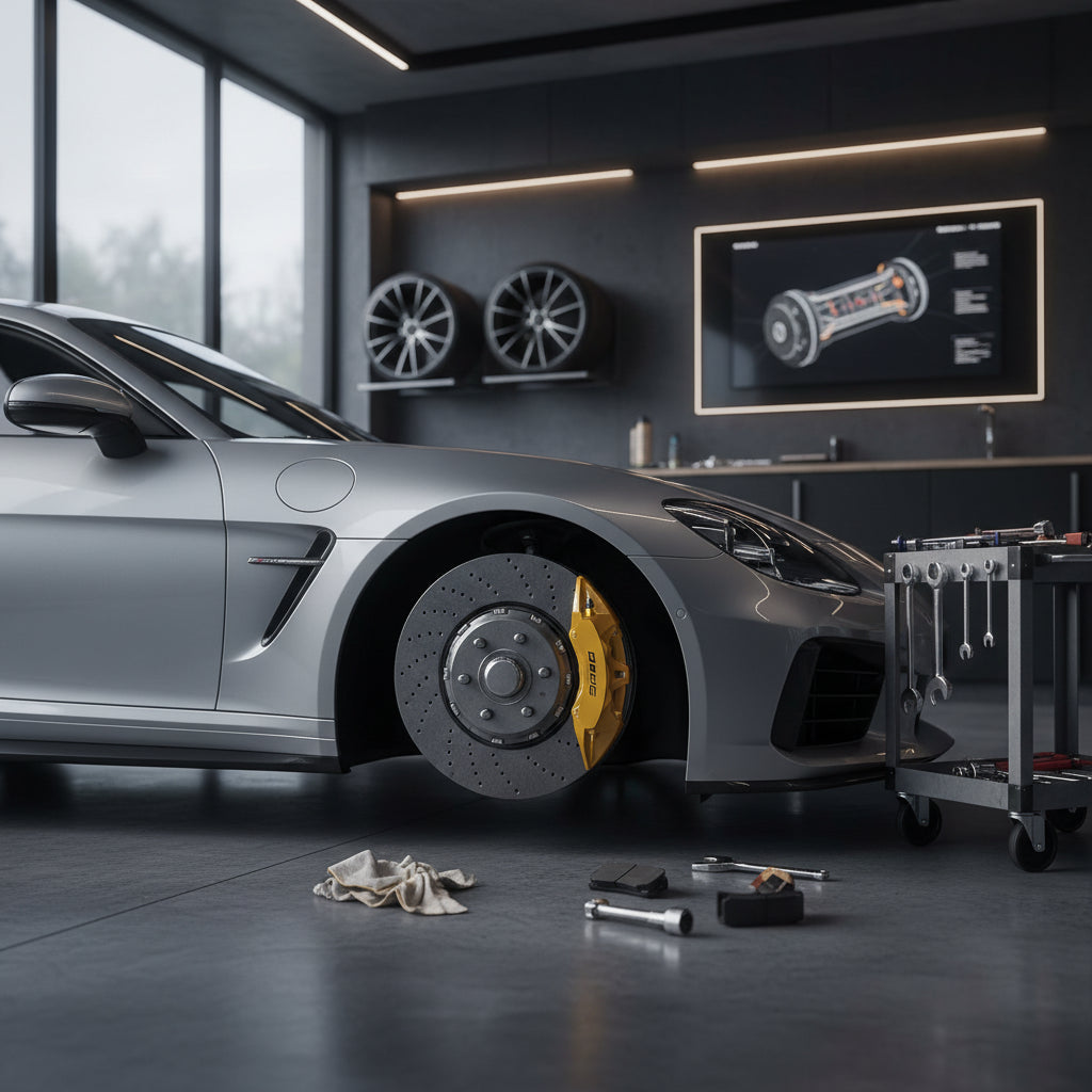 A close-up of a BMW M series wheel showing the gold brake calipers and cross-drilled carbon ceramic brake rotor