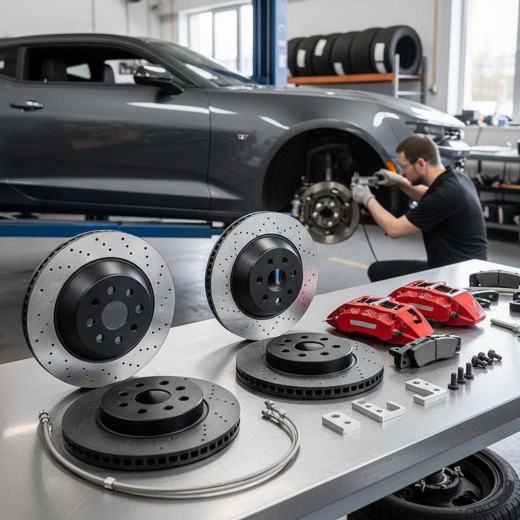 A Chevrolet Big Brake Kit featuring large multi-piston calipers and carbon ceramic rotors installed on a performance vehicle