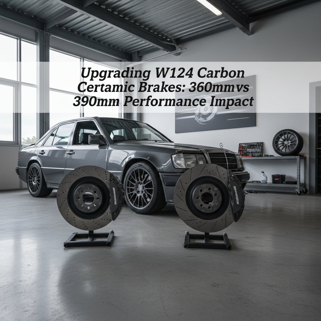 A high-performance W124 AMG chassis featuring a carbon ceramic brake conversion with large diameter rotors and multi-piston c