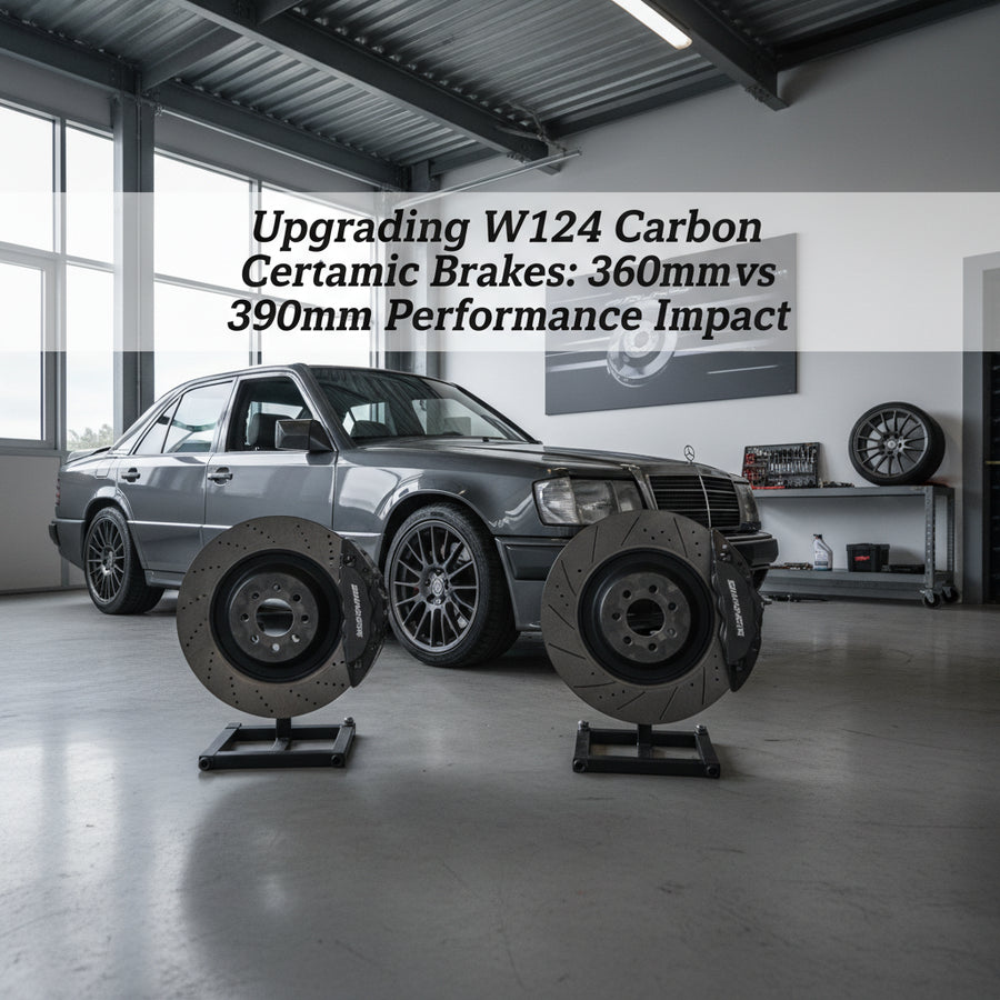 A high-performance W124 AMG chassis featuring a carbon ceramic brake conversion with large diameter rotors and multi-piston c