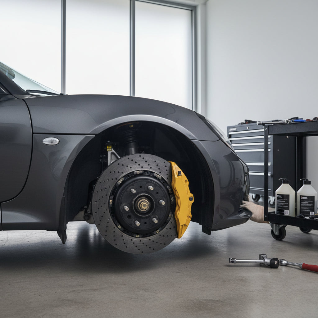 A close-up of a high-performance brake caliper and carbon ceramic rotor installed on a Lotus Exige lightweight sports car