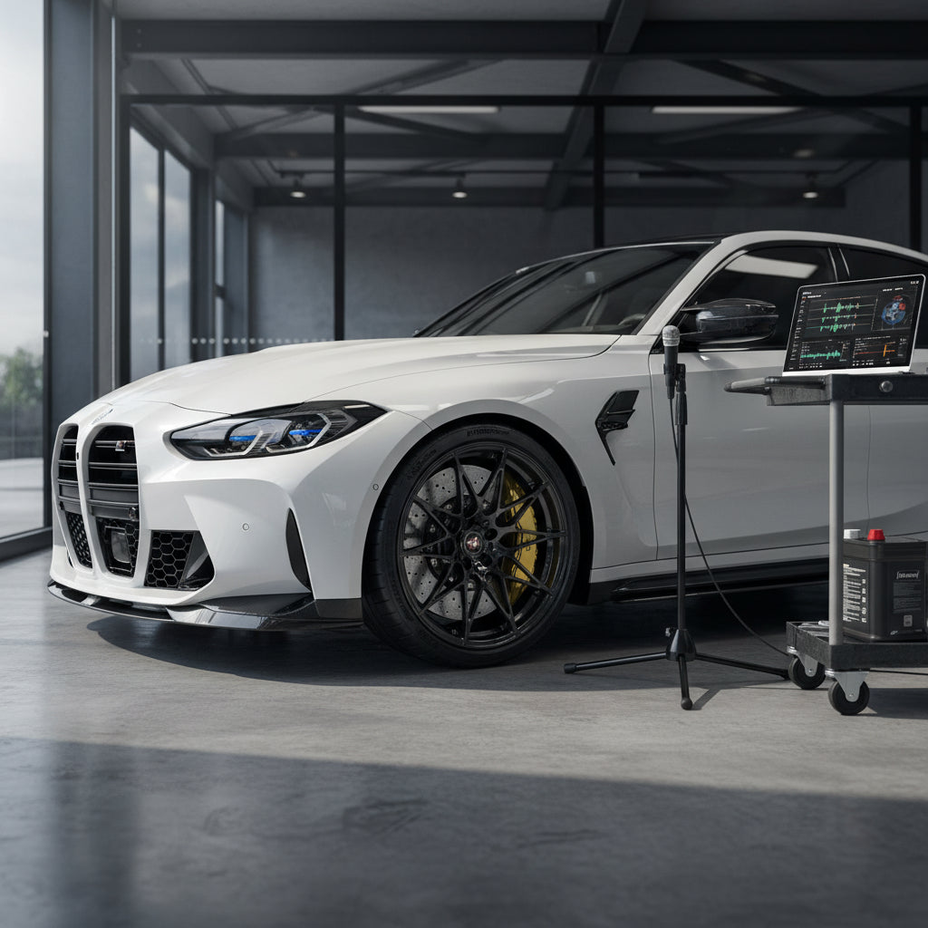 A close-up of the M Carbon Ceramic Brake system on a BMW M3 G80 featuring gold calipers and large ceramic rotors