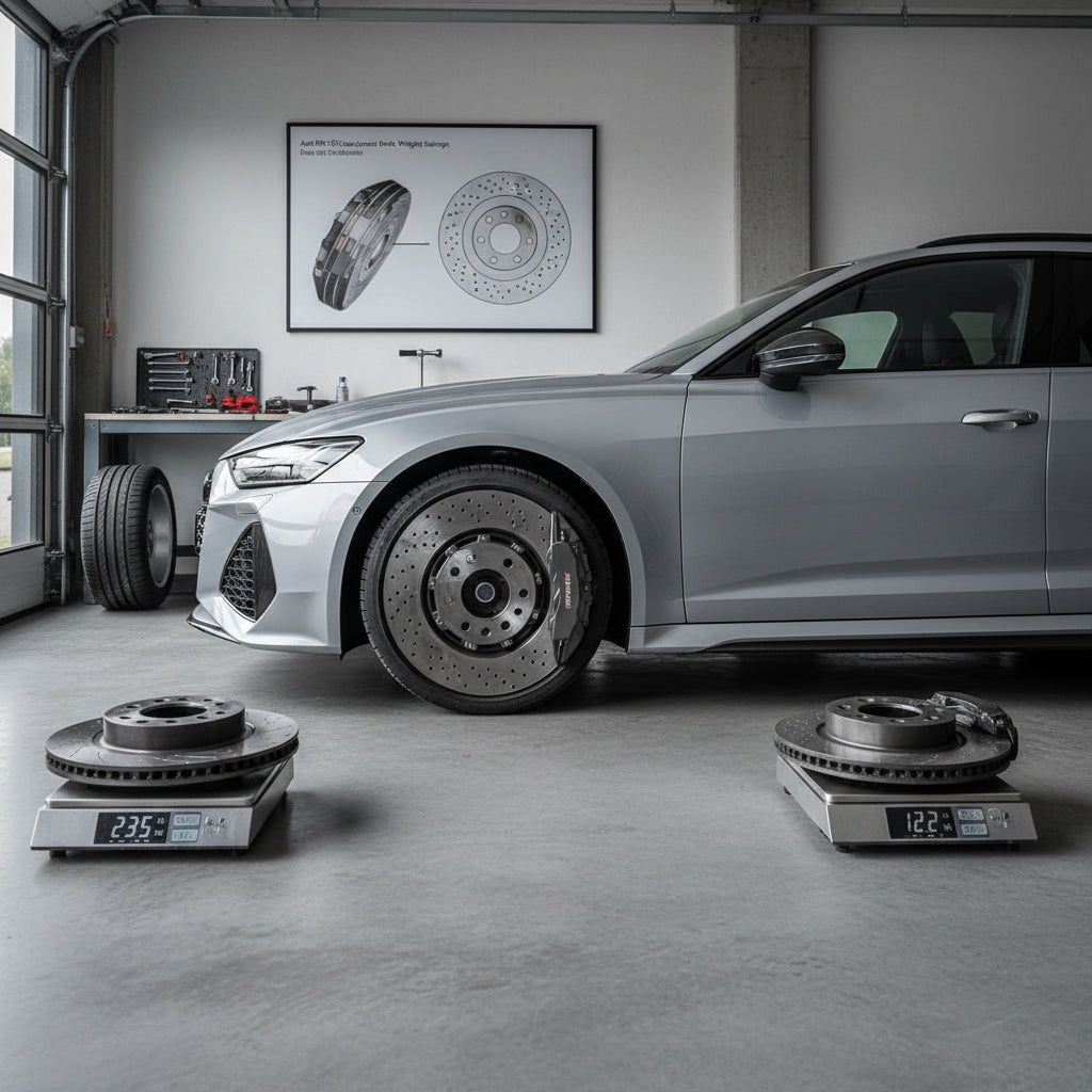 Audi RS6 C8 wagon showcasing large brake rotors behind a multi-spoke wheel for performance braking context