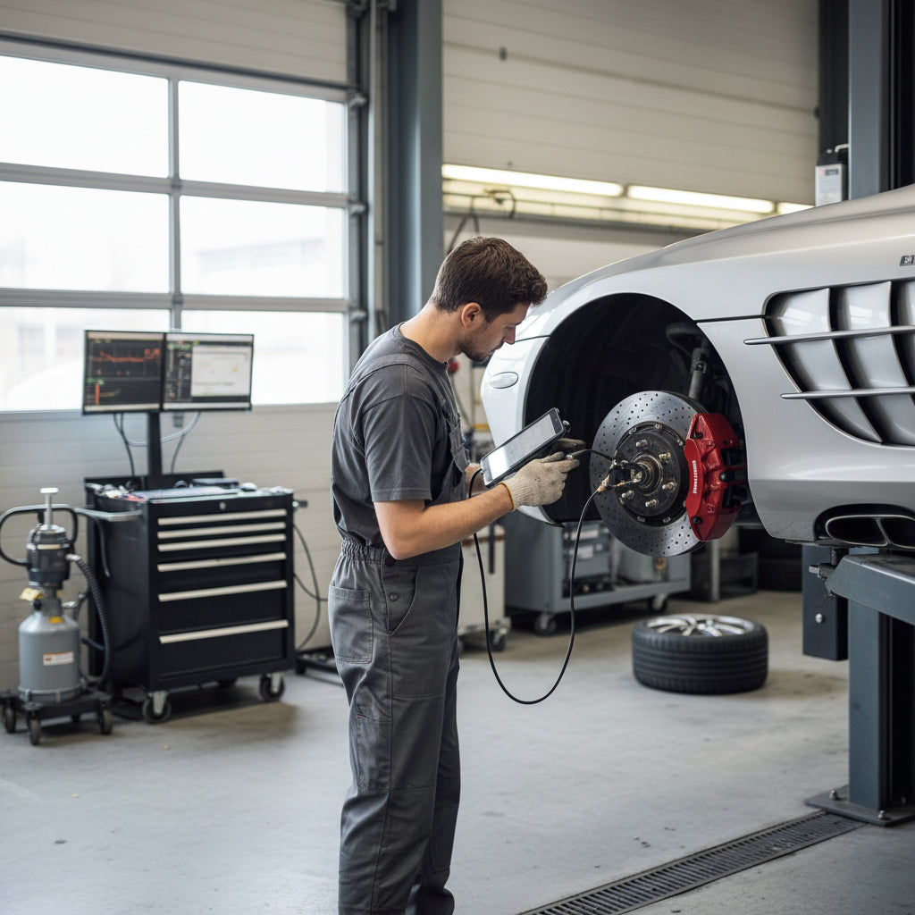 A close-up of a Mercedes-Benz SLR McLaren carbon ceramic brake rotor and caliper assembly showing the brake-by-wire integrati