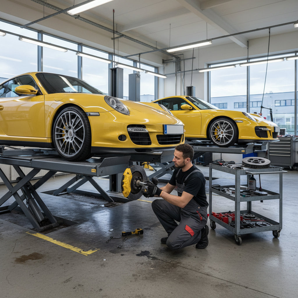 A yellow Porsche Ceramic Composite Brake caliper and rotor assembly on a Porsche 911 997 Turbo