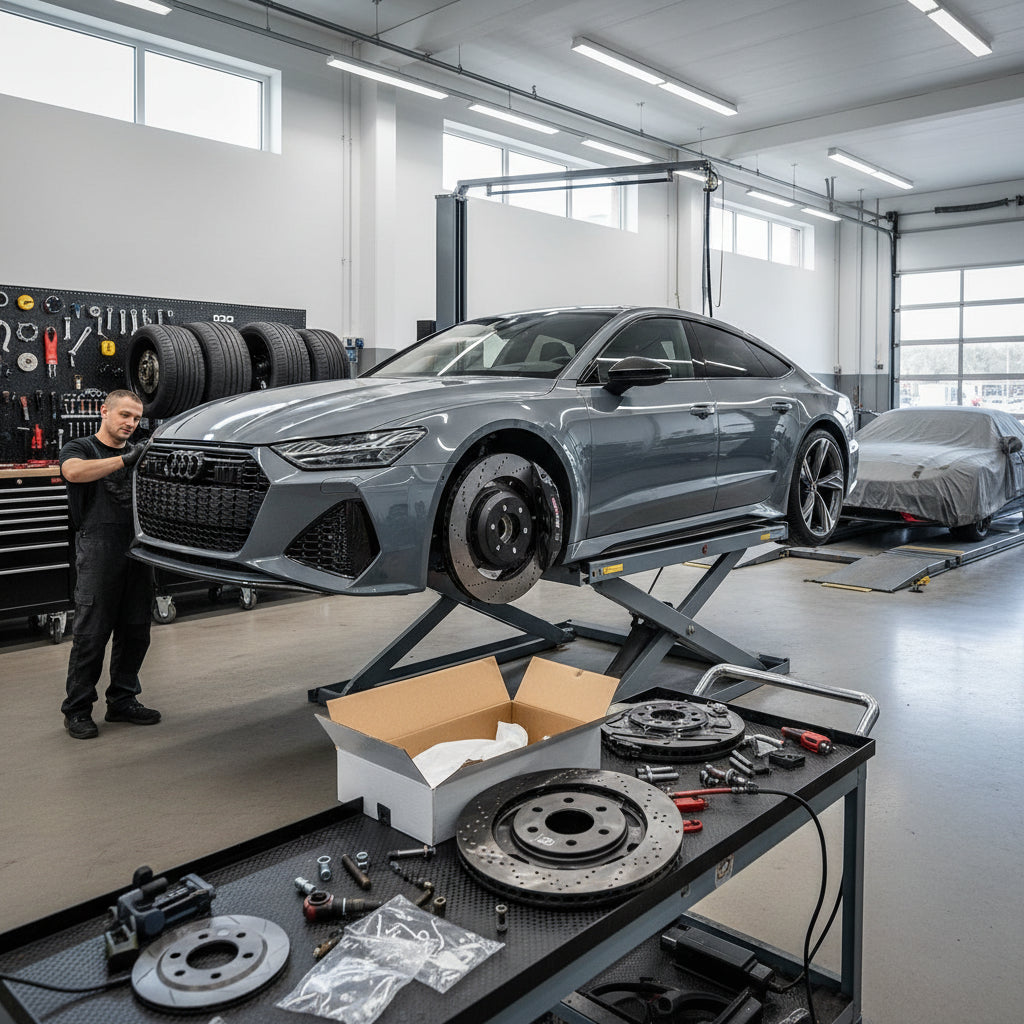 A close-up of a high-performance Audi big brake kit featuring massive 440mm carbon ceramic rotors and grey calipers on an RS6