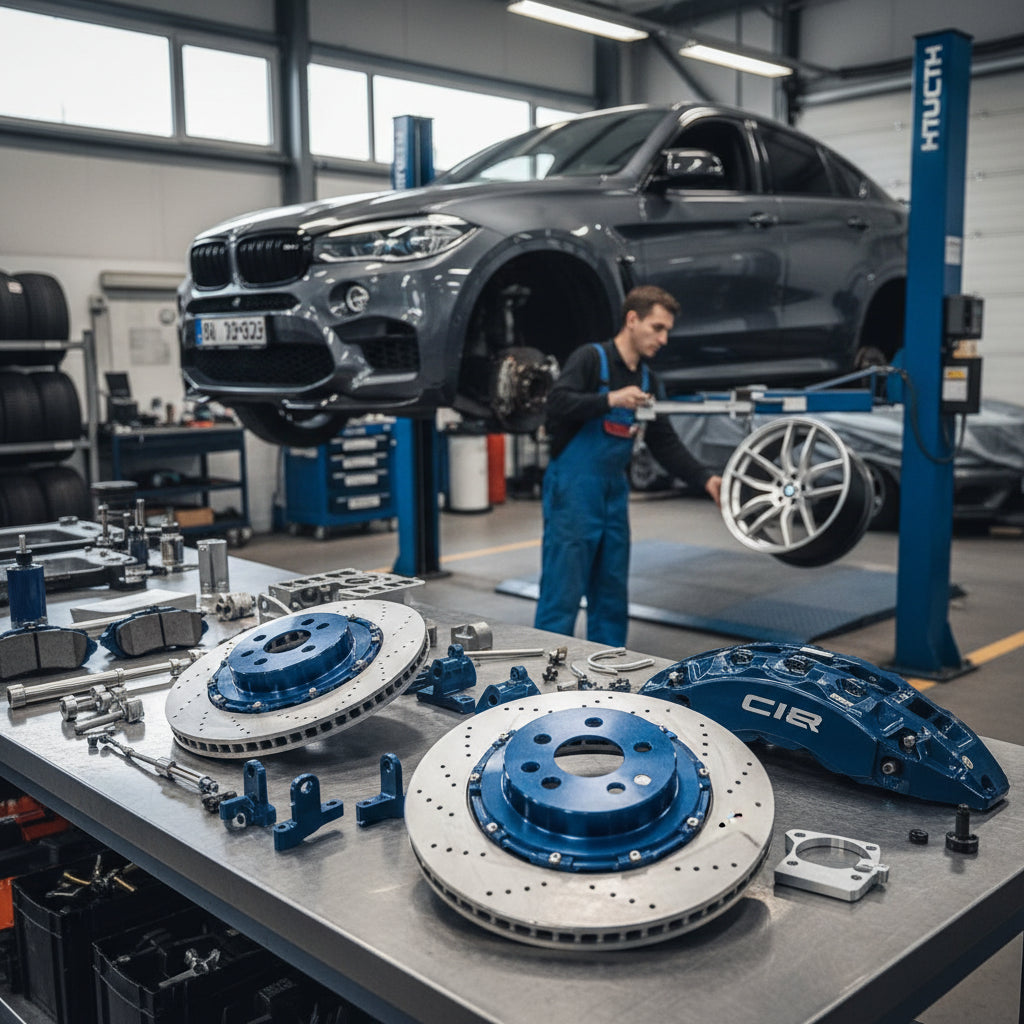 A high-performance BMW Big Brake Kit featuring large calipers and carbon ceramic rotors for the X6M