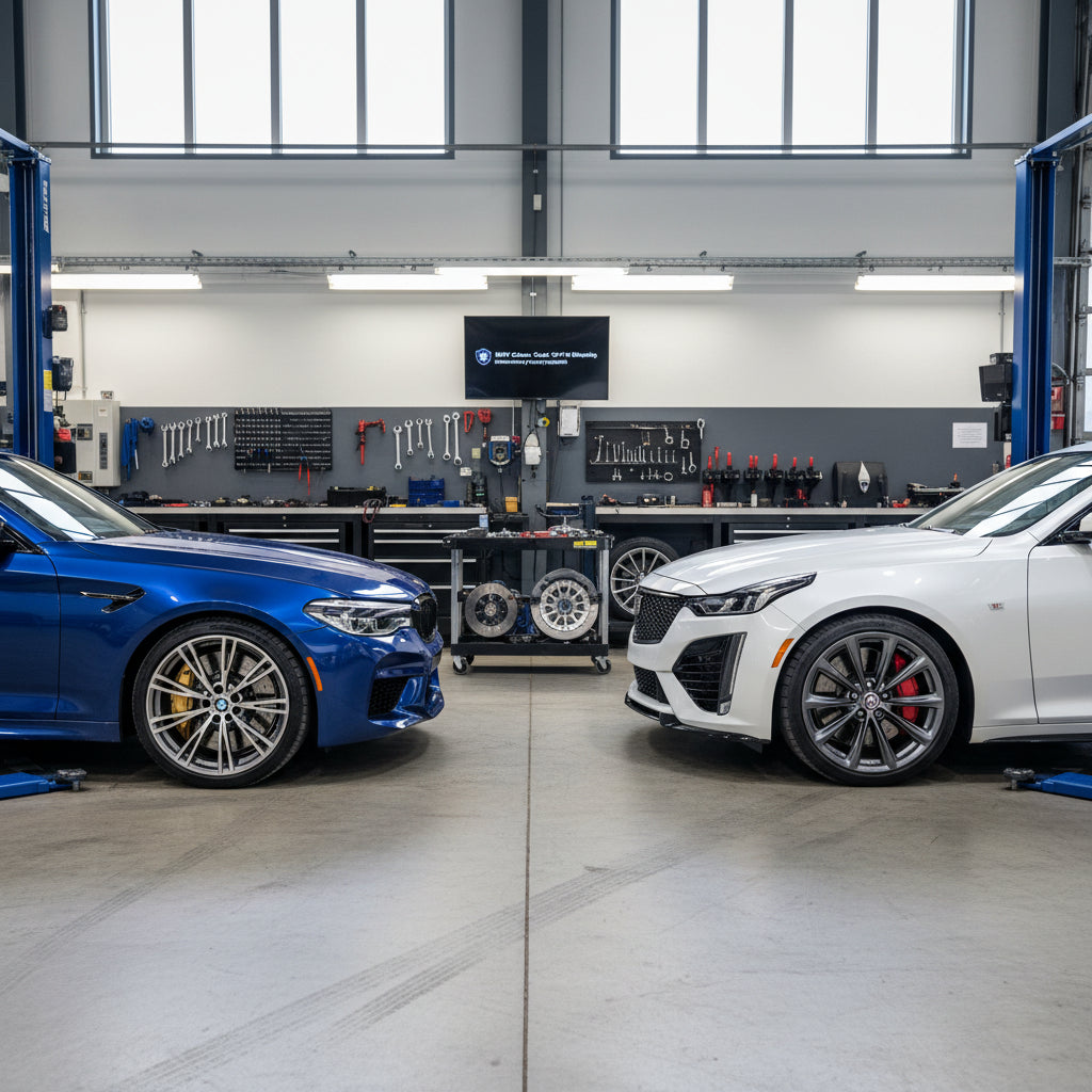 A comparison of the BMW F90 M5 and Cadillac CT5-V Blackwing highlighting performance brakes and engine specifications