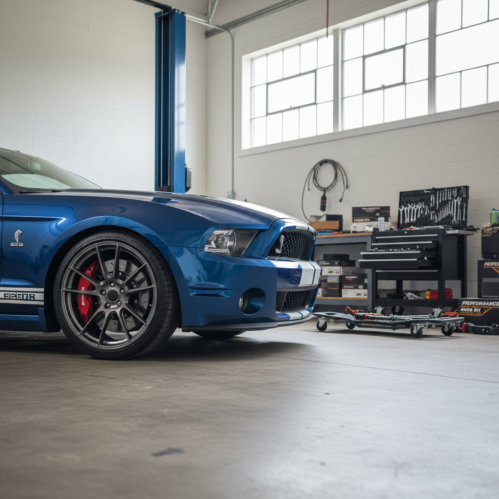 Close up of a performance brake rotor and caliper assembly on a 2010 Shelby GT500 with aftermarket wheels