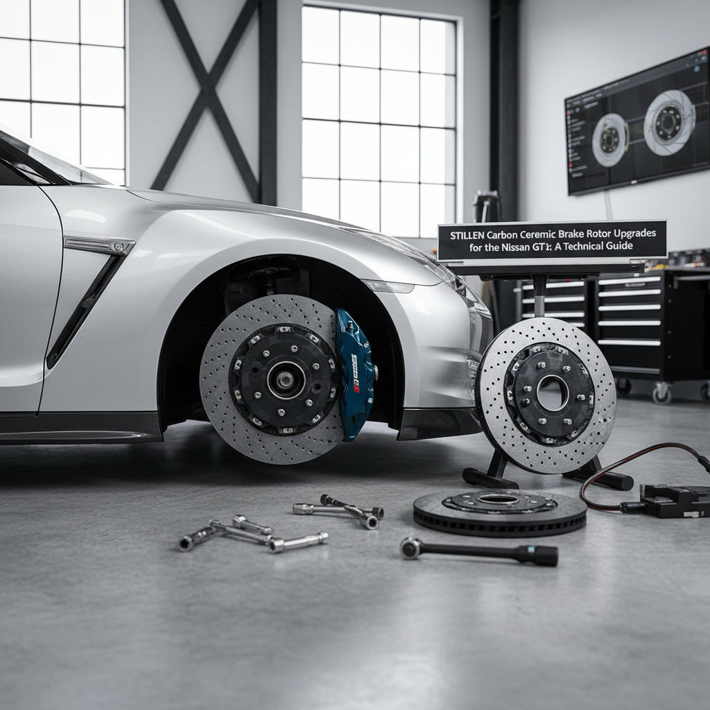 A high-performance Stillen and AP Racing carbon ceramic brake rotor assembly designed for the Nissan R35 GT-R
