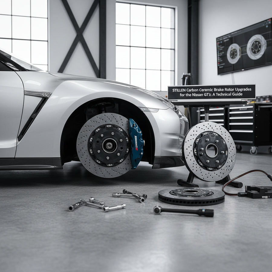 A high-performance Stillen and AP Racing carbon ceramic brake rotor assembly designed for the Nissan R35 GT-R
