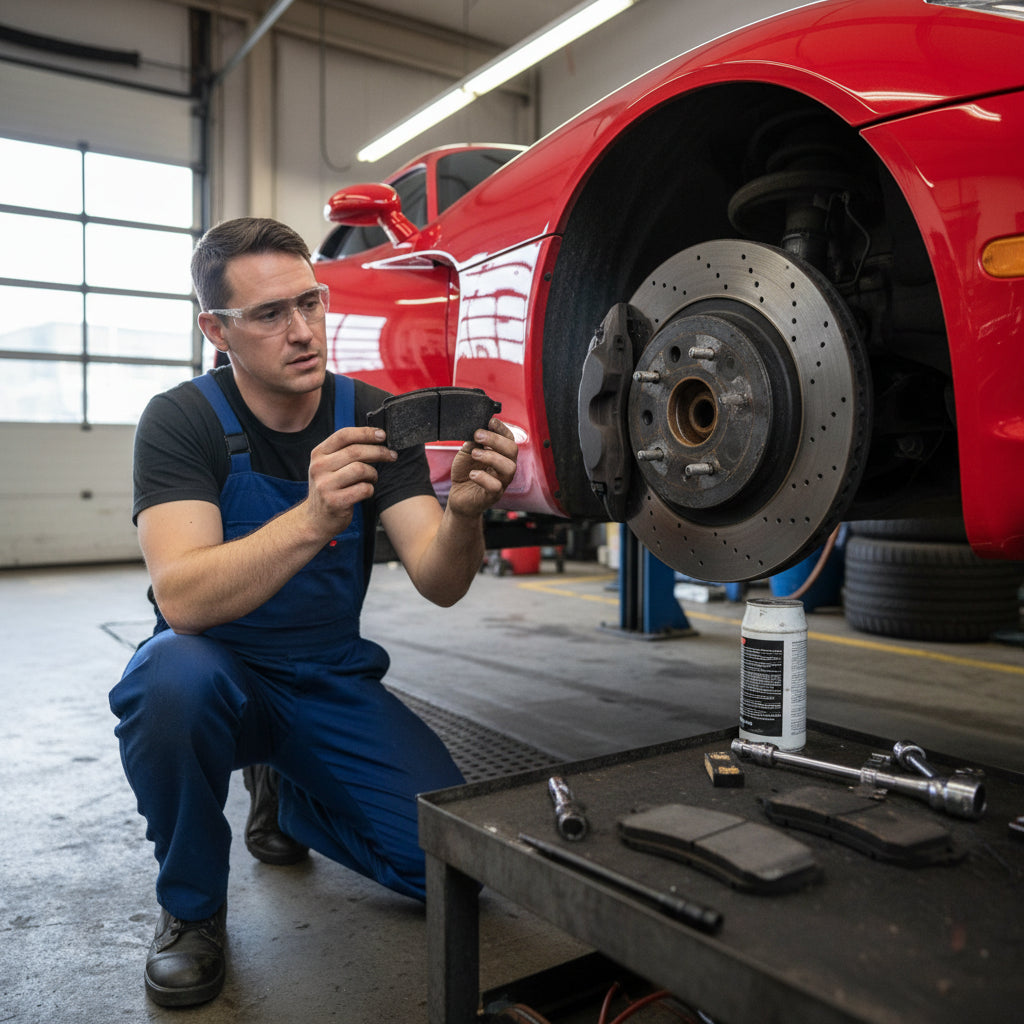 A close-up of high-performance brake pads and rotors on a Dodge Viper showing signs of extreme thermal stress after track use