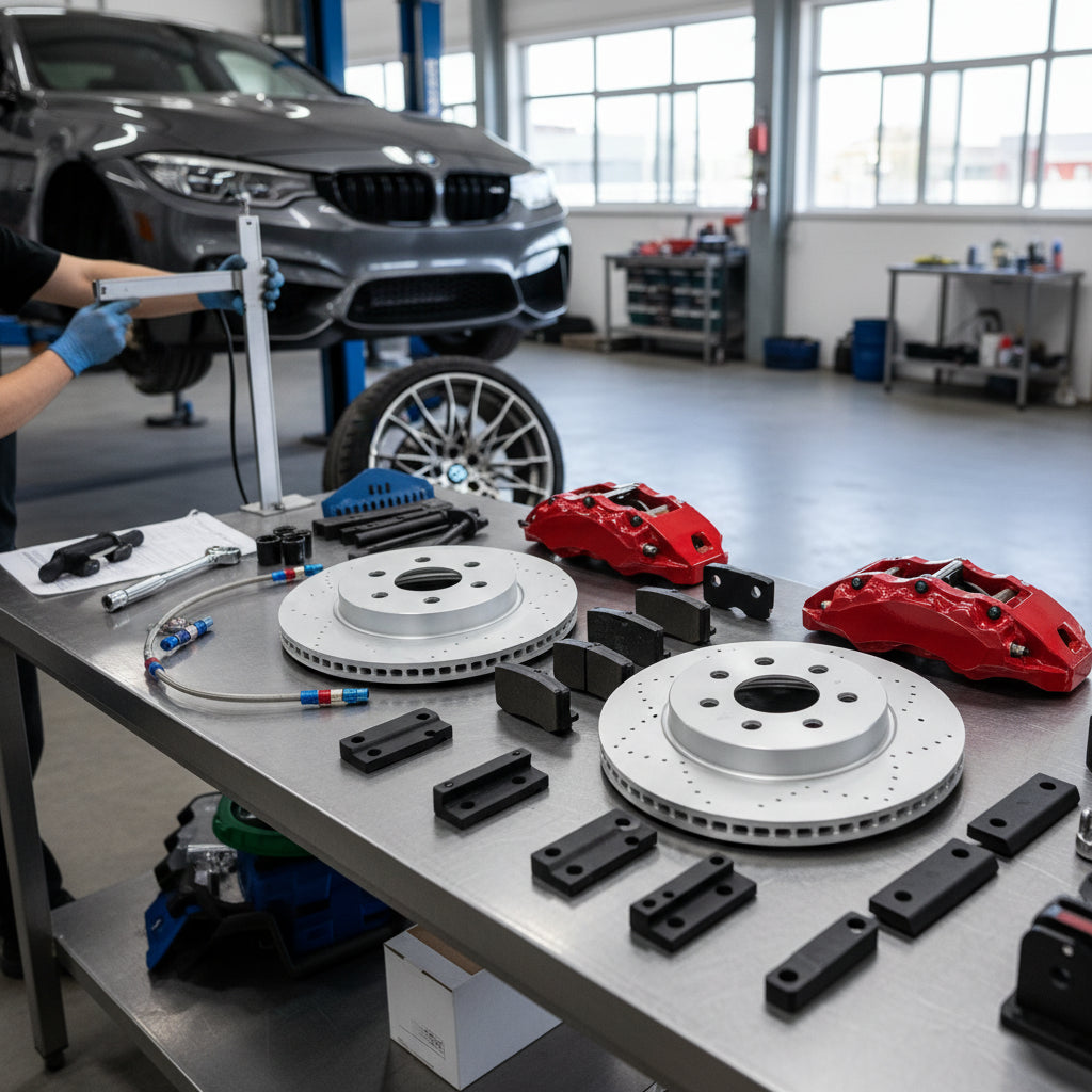 A high-performance BMW Big Brake Kit featuring multi-piston calipers and carbon ceramic rotors for improved track performance