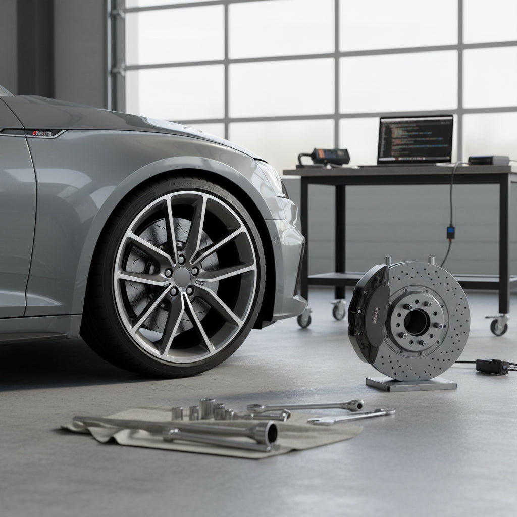 Audi S5 or RS5 carbon ceramic brake system upgrade showing caliper and rotor installation with diagnostic coding interface