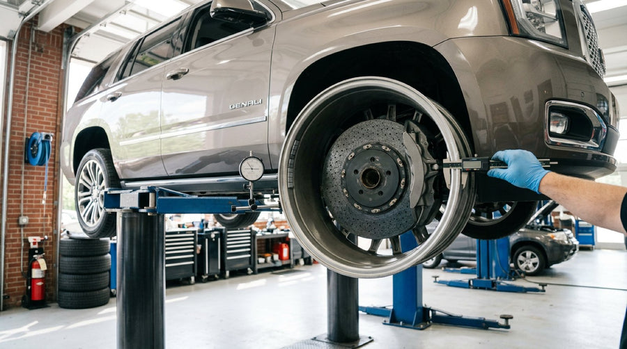 Inspection of carbon ceramic brake rotors behind stock GMC Yukon alloy wheels in a workshop setting.