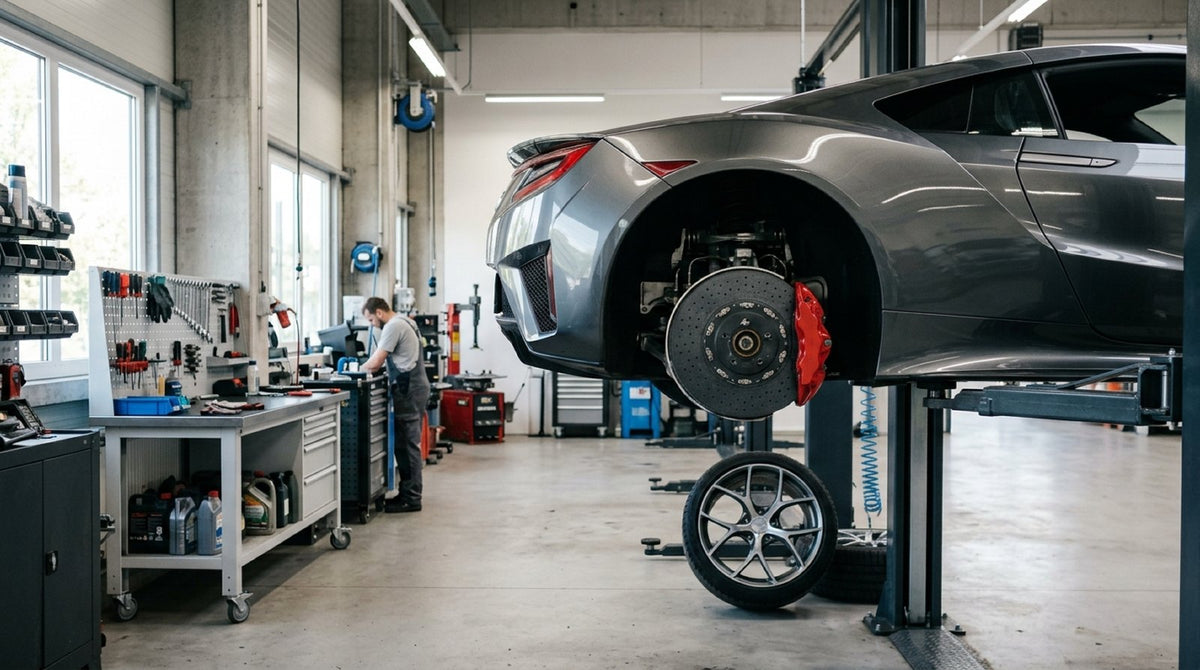 Carbon ceramic brake rotor and multi-piston caliper inspected on a performance car in a workshop