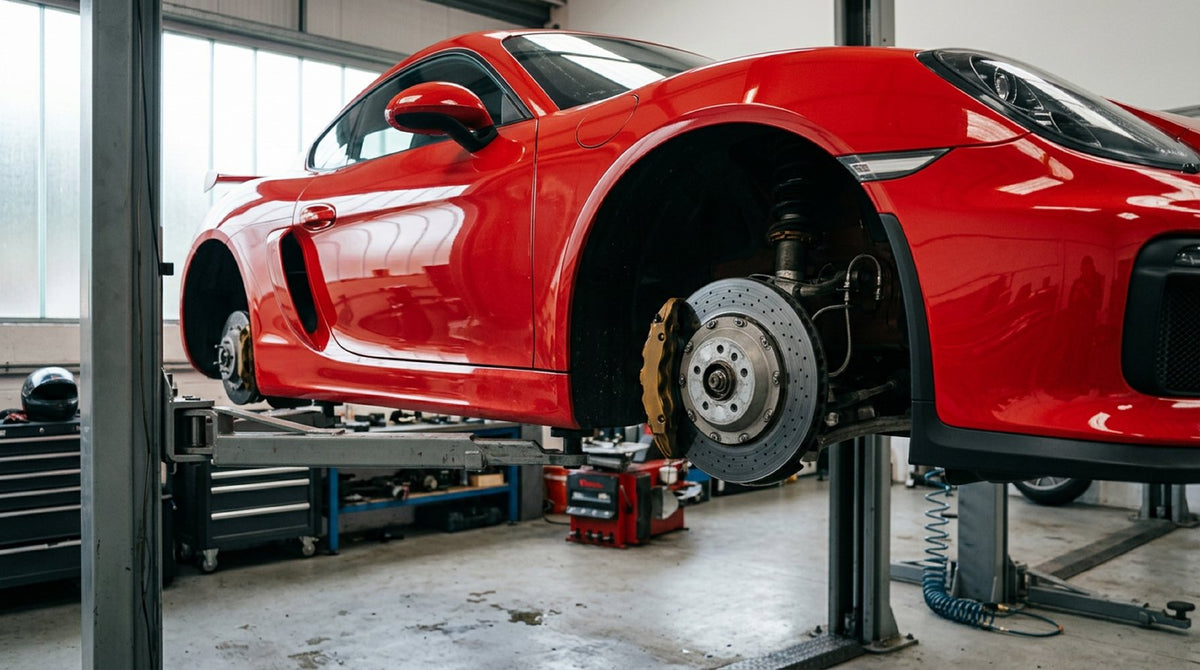 Porsche Cayman GT4 in a workshop with wheels removed displaying high-performance carbon ceramic brake rotors and calipers