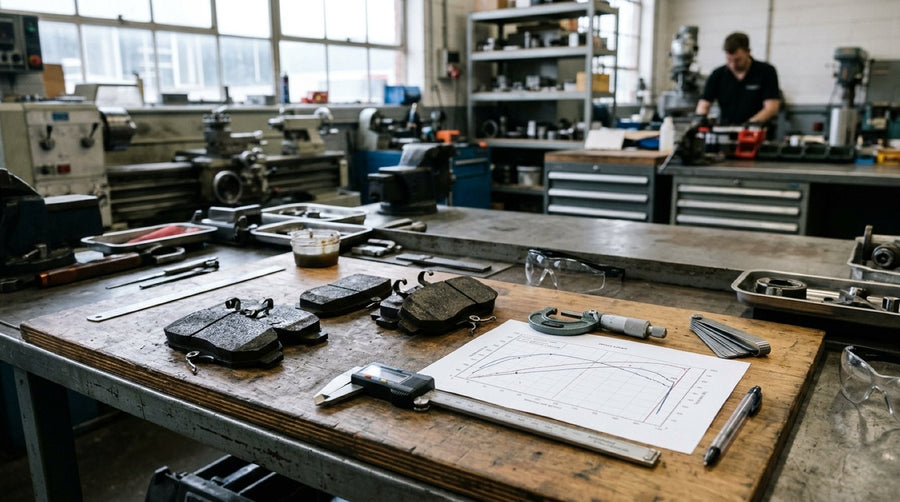 Brake technician inspecting high performance compound brake pads on a workshop bench near track calipers