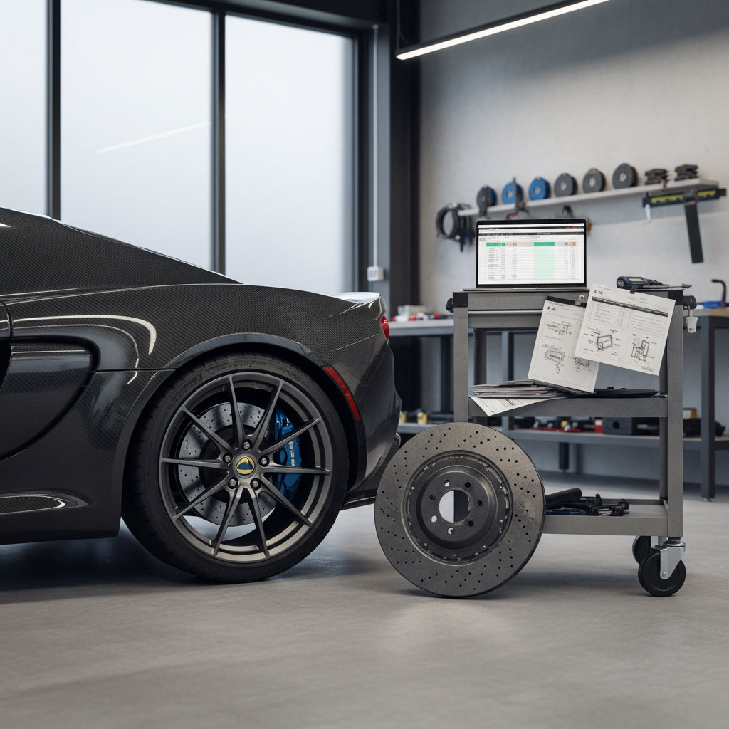 A high-performance Lotus Exige brake system featuring AP Racing calipers and carbon ceramic rotors