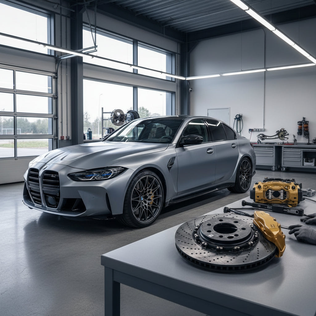Gold calipers and carbon ceramic brake rotors fitted to a BMW G80 M3 performance sedan