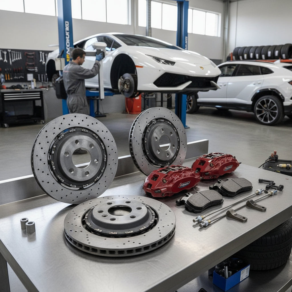 A high-performance Lamborghini Big Brake Kit featuring carbon ceramic rotors and multi-piston calipers for the Huracan and Ur