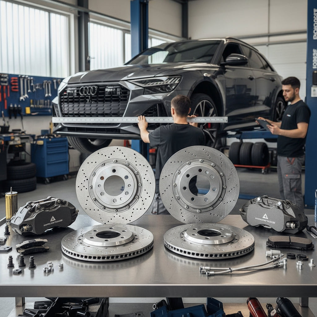 A high-performance Audi Big Brake Kit featuring large calipers and carbon ceramic rotors for an RS6