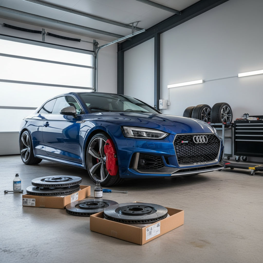 A high-performance Audi RS5 equipped with carbon ceramic brake rotors and calipers optimized for track performance