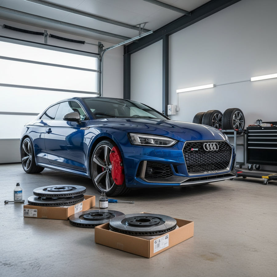 A high-performance Audi RS5 equipped with carbon ceramic brake rotors and calipers optimized for track performance