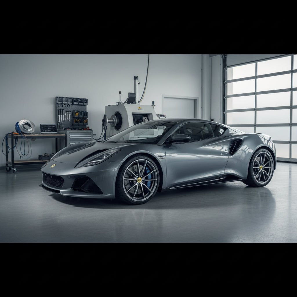 A high-performance Lotus Emira equipped with aftermarket carbon ceramic brake rotors and multi-piston calipers