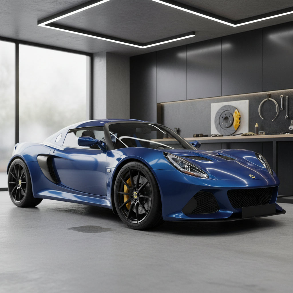 A high-performance carbon ceramic brake rotor with a lightweight aluminum hat designed for Lotus vehicle fitment