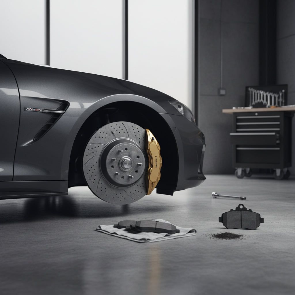A close-up of a Mercedes-AMG wheel and brake assembly showing the high-performance caliper and rotor