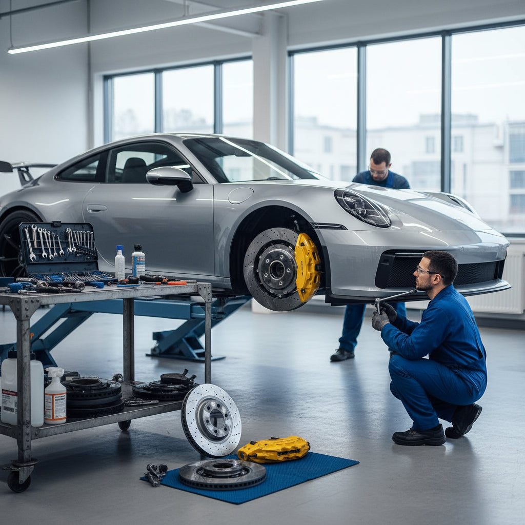 A close-up view of the Porsche Ceramic Composite Brake (PCCB) system on a 992 GT3 with signature yellow calipers