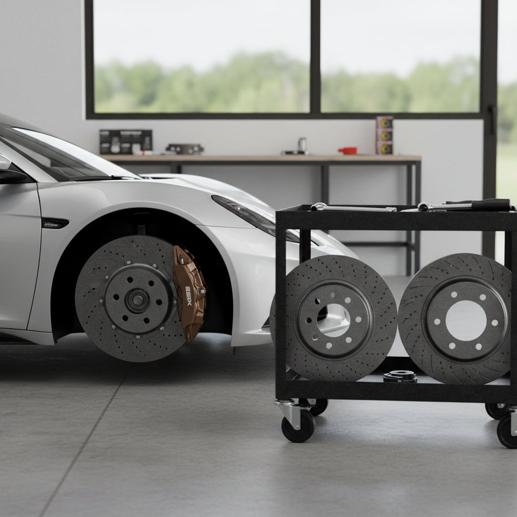 A side-by-side comparison of Lotus Emira factory iron brake rotors and lightweight carbon ceramic replacements