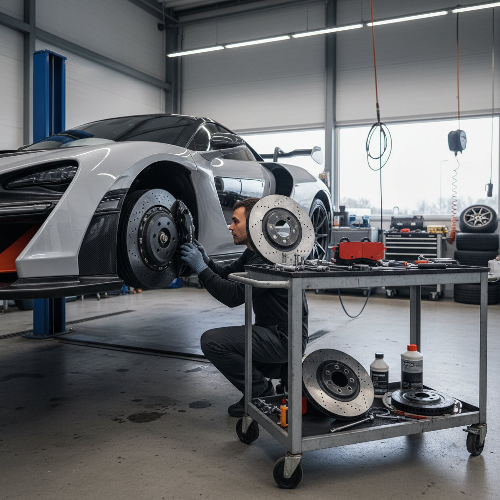 A complete carbon ceramic brake replacement kit for the McLaren Senna featuring front and rear rotors and high-performance br