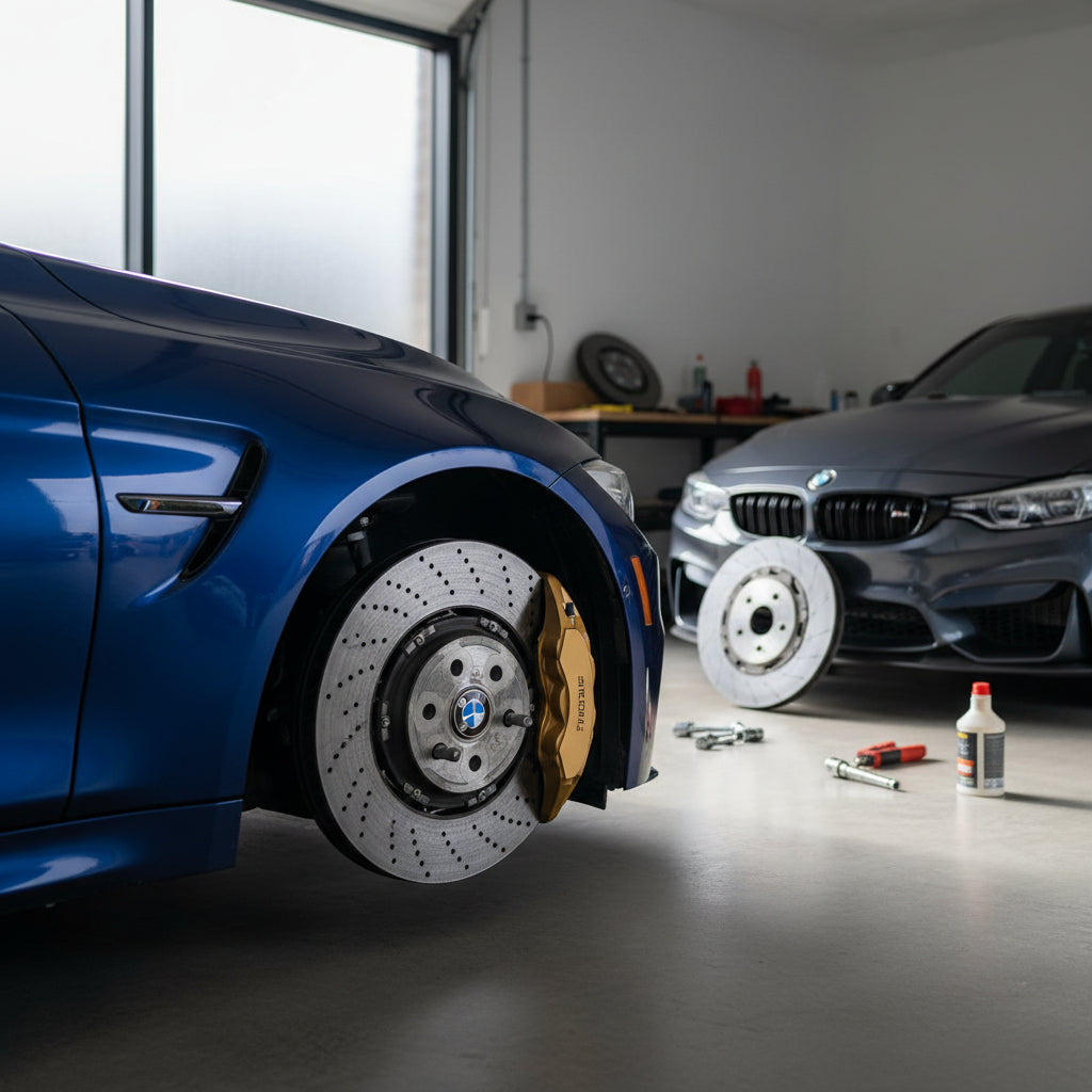 A gold-caliper BMW M4 equipped with factory carbon ceramic brakes being driven on a public road