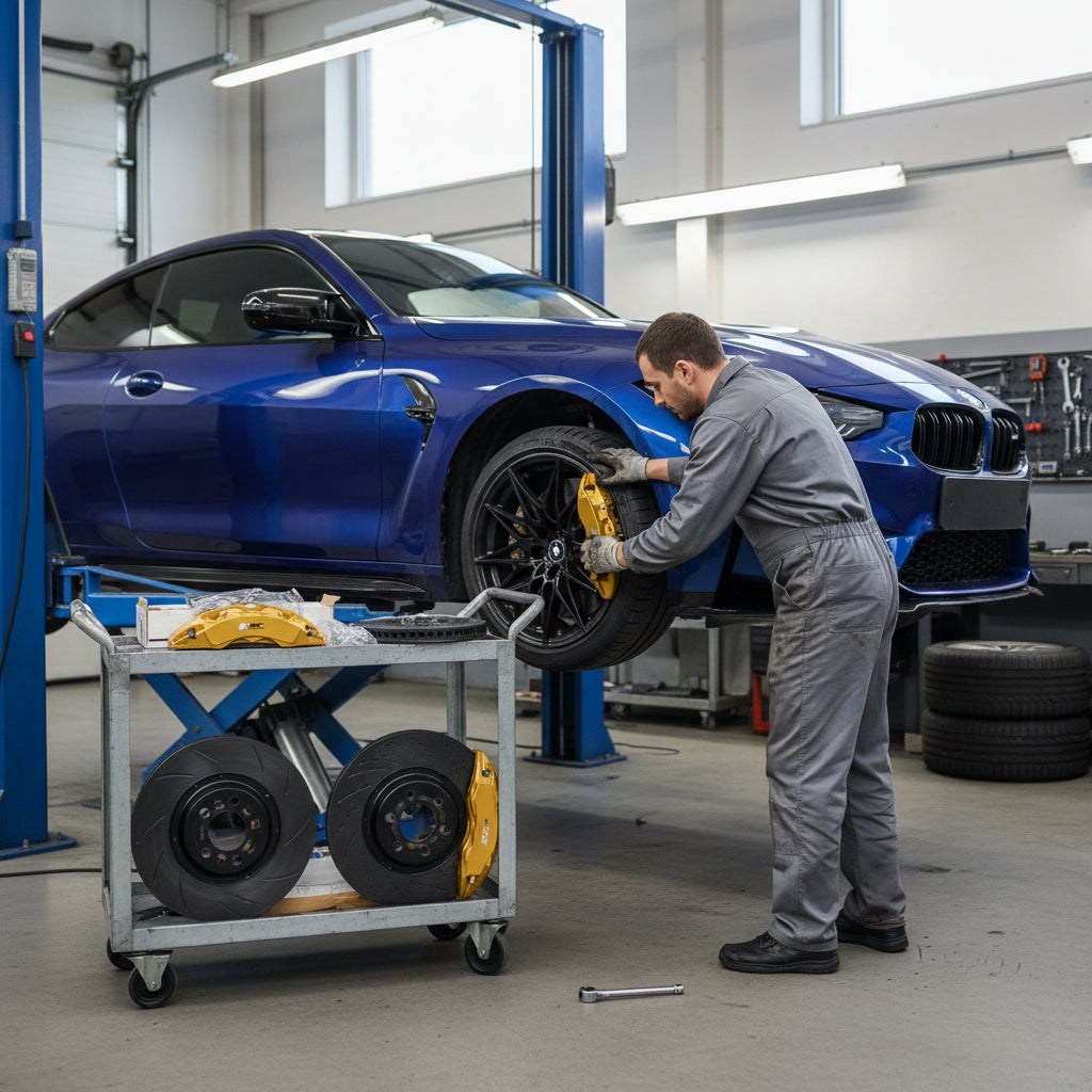 A high-performance BMW Big Brake Kit featuring gold calipers and carbon ceramic rotors mounted on a BMW M3 G80