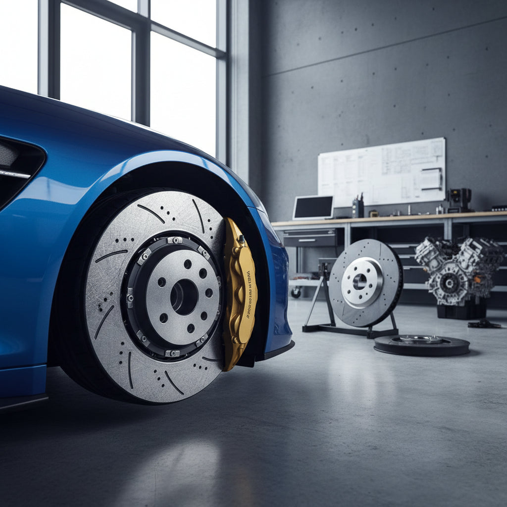 A close-up view of a high-performance BMW M carbon ceramic brake rotor featuring a cross-drilled surface and gold multi-pisto